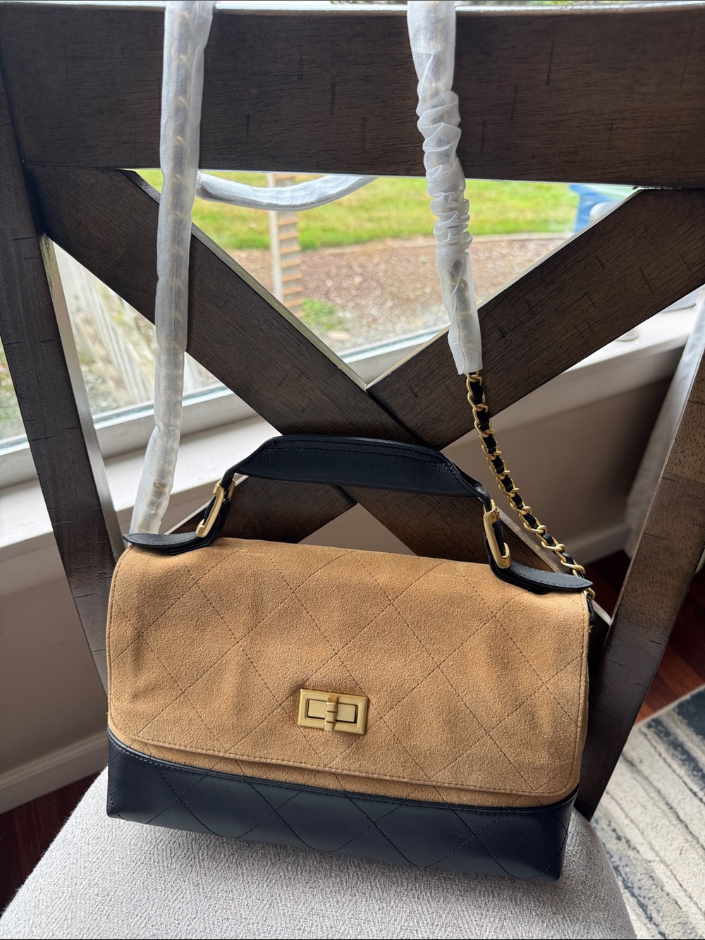 Classic Quilted Two-Tone Shoulder Bag in Camel and Black
